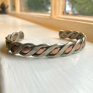 Braided Cuff Bracelet w/ Copper & Silver Tone Woven Metal, Southwestern/Boho